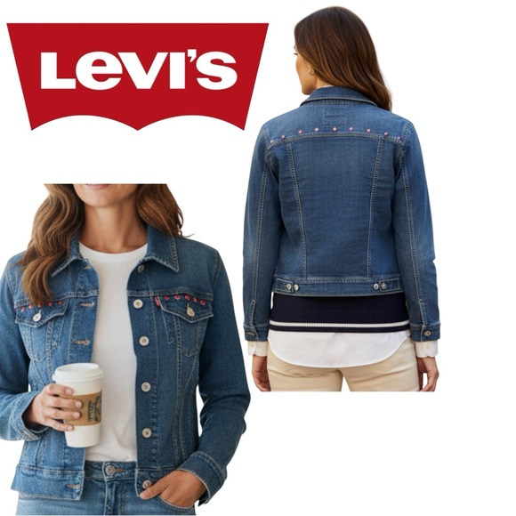 Levi's Jackets & Blazers - Levi’s Women’s Cropped Blue Denim Jean Jacket – Size L Red Embellished Detail